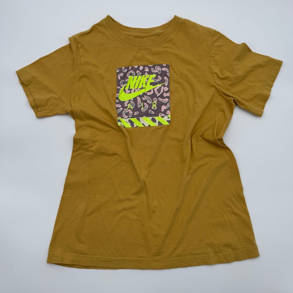 Nike Air Kids XL Graphic T-Shirt Mustard Yellow Neon Leopard Print‎ Logo Tee